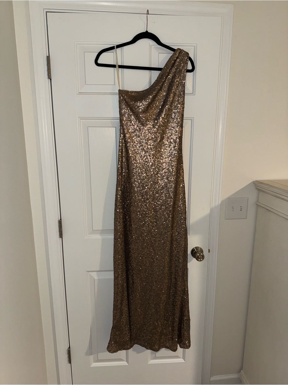 Christina Wu One-Shoulder Gold Sequin Gown